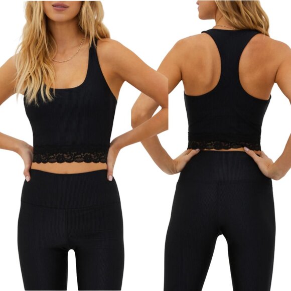 Beach Riot Sport Yara Lace Trim Rib Racerback Crop Tank Top Women's Small Black - Picture 1 of 12